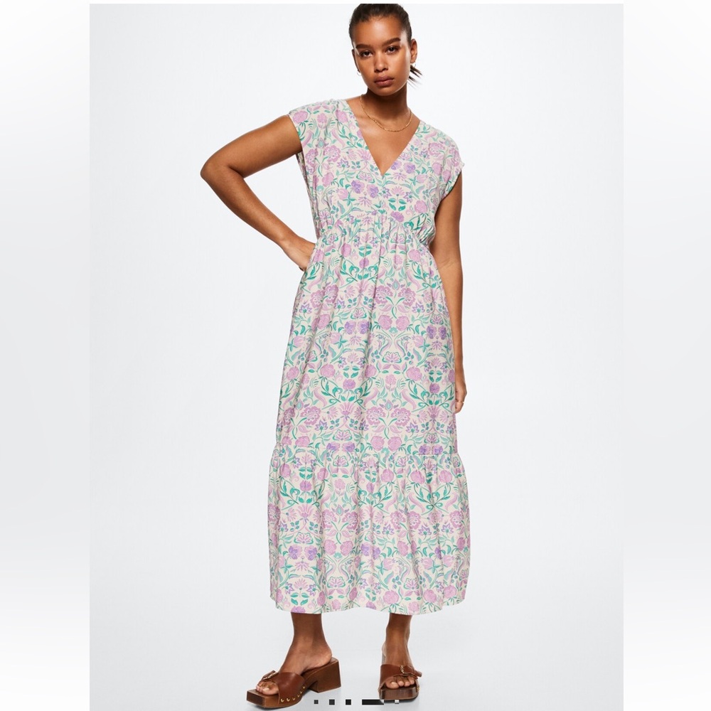 Mango MNG Women’s Sleeveless Flowy Floral V-Neck Maxi Dress XS Feminine
